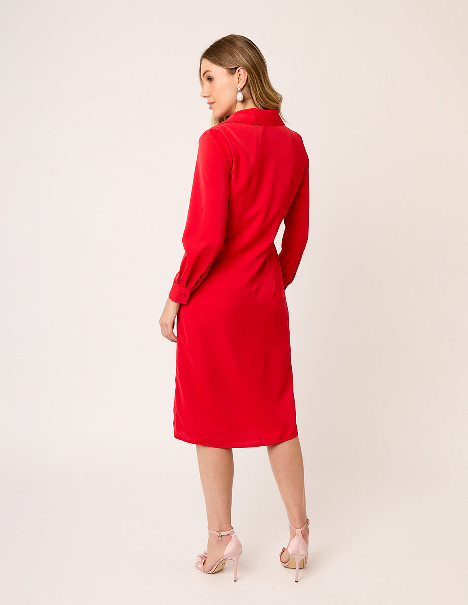 VESTIDO CAMISERO ROJO CRUZADO DE MANGA LARGA Y ABERTURA FRONTAL SAINT GERMAIN VISTA ESPALDA