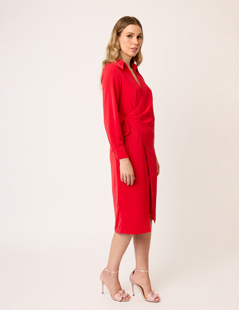 VESTIDO CAMISERO ROJO CRUZADO  ESCOTE V DE MANGA LARGA Y ABERTURA FRONTAL SAINT GERMAIN