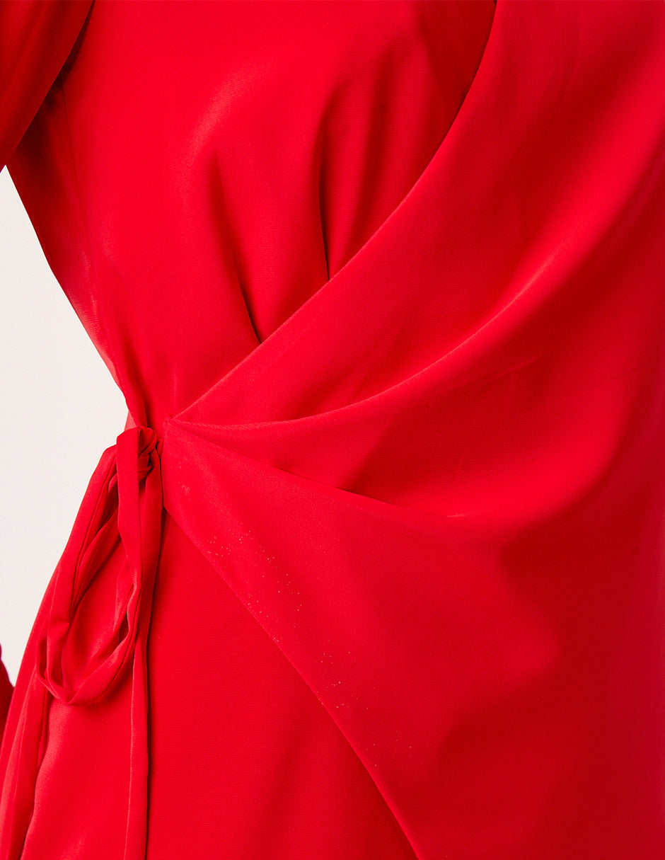 VESTIDO CAMISERO ROJO CRUZADO DE MANGA LARGA Y ABERTURA FRONTAL  Y AMARRE LATERAL EN CINTURA SAINT GERMAIN
