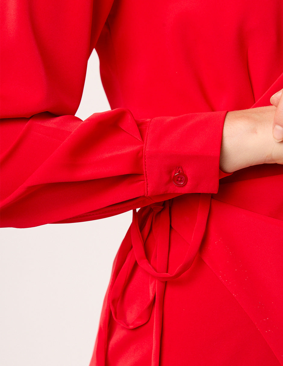 VESTIDO CAMISERO ROJO CRUZADO DE MANGA LARGA CON PUÑO Y ABERTURA FRONTAL SAINT GERMAIN