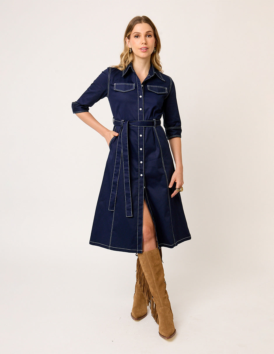VESTIDO CASUAL CAMISERO DE GABARDINA AZUL MARINO MANGA CORTA VISIR