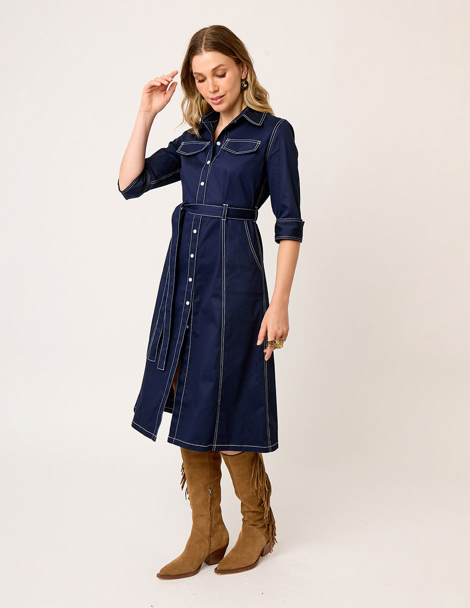 VESTIDO CASUAL CAMISERO DE GABARDINA AZUL MARINO MANGA CORTA VISIR