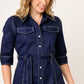 VESTIDO CASUAL CAMISERO DE GABARDINA AZUL MARINO MANGA CORTA VISIR CON PESPUNTES A CONTRASTE