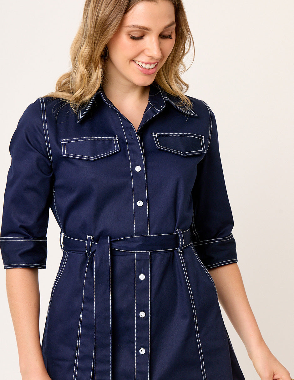 VESTIDO CASUAL CAMISERO DE GABARDINA AZUL MARINO MANGA CORTA VISIR CON PESPUNTES A CONTRASTE
