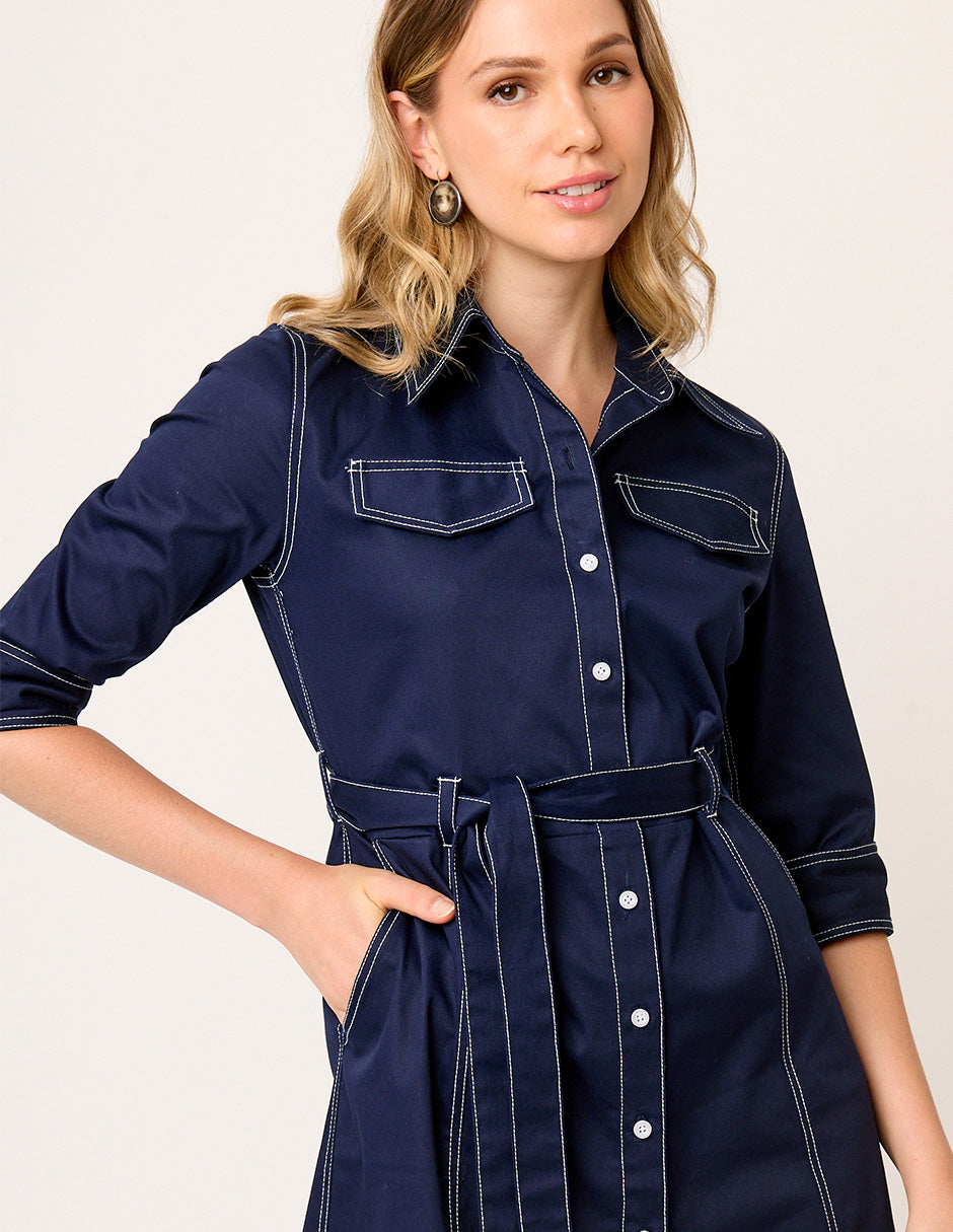 VESTIDO CASUAL CAMISERO DE GABARDINA AZUL MARINO MANGA CORTA VISIR