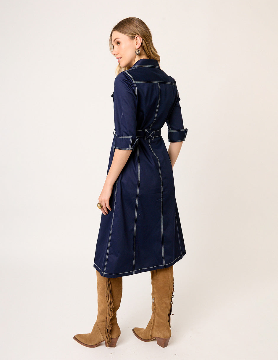 VESTIDO CASUAL CAMISERO DE GABARDINA AZUL MARINO MANGA CORTA VISIR VISTA ESPALDA