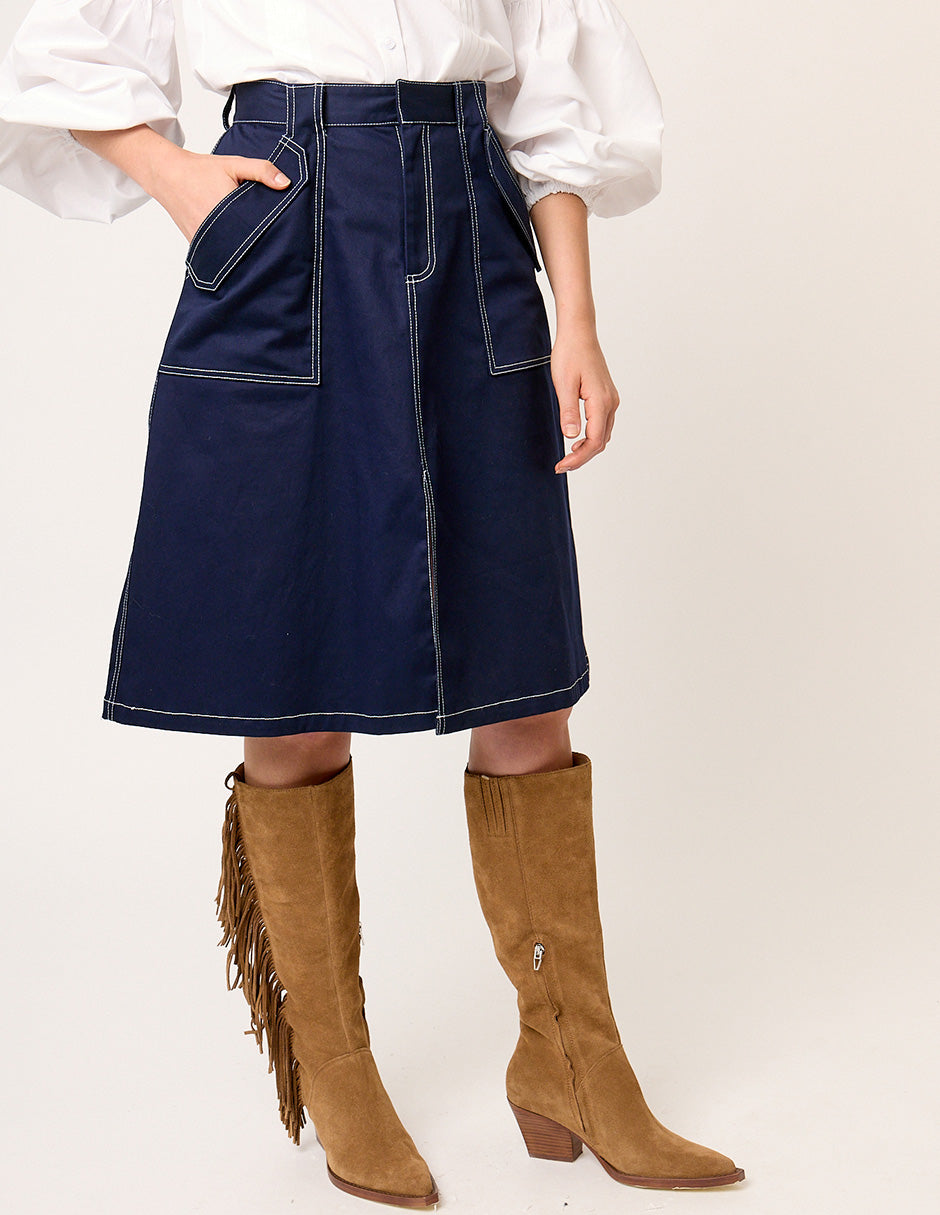 FALDA CASUAL DE GABARDINA AZUL MARINO CON BOLSILLOS Y ABERTURA AL FRENTE VIZIR