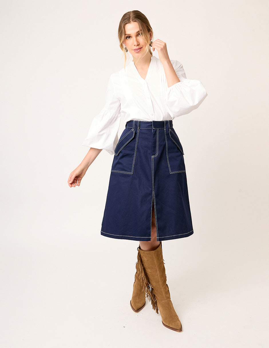 FALDA CASUAL DE GABARDINA AZUL MARINO CON BOLSILLOS Y ABERTURA AL FRENTE VIZIR