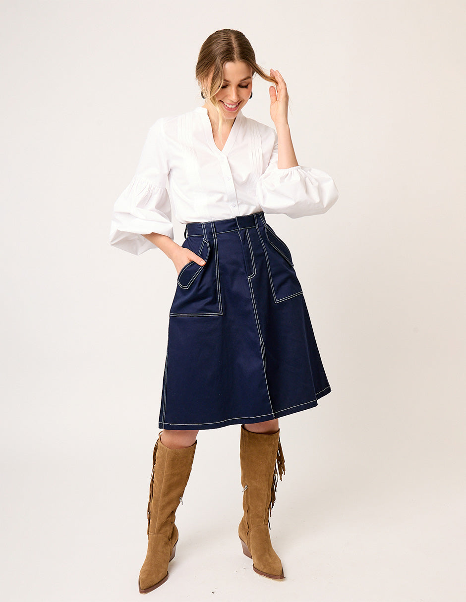 FALDA CASUAL DE GABARDINA AZUL MARINO CON BOLSILLOS Y ABERTURA AL FRENTE VIZIR