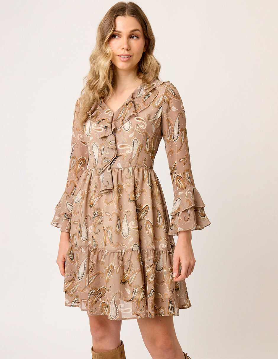 VESTIDO DE GASA ESTAMPADA CORTO  EN TONOS BEIGE CON OLANES MANGA LARGA Y CUELLO V MONTMARTRE
