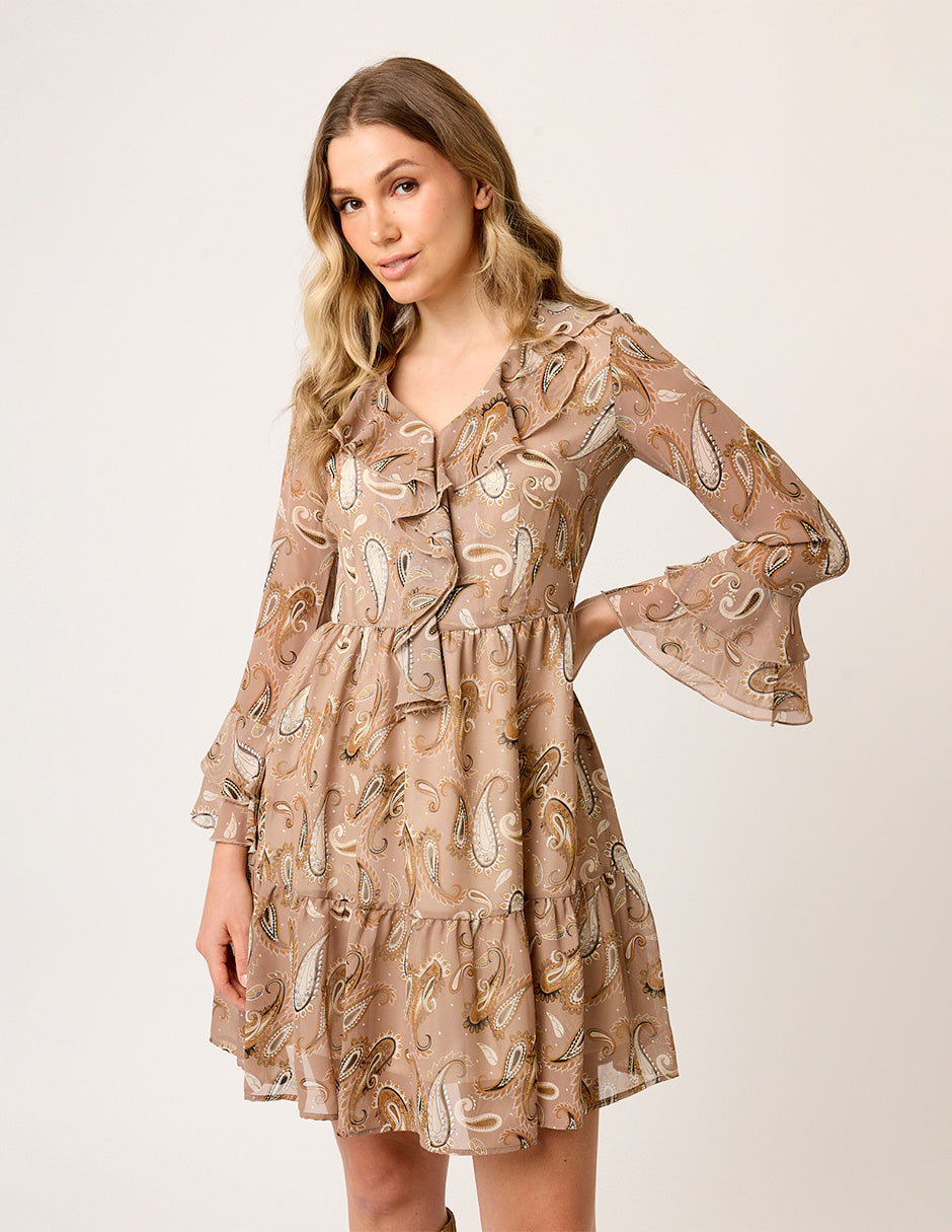 VESTIDO DE GASA ESTAMPADA CORTO EN TONOS BEIGE CON OLANES MANGA LARGA Y CUELLO V MONTMARTRE
